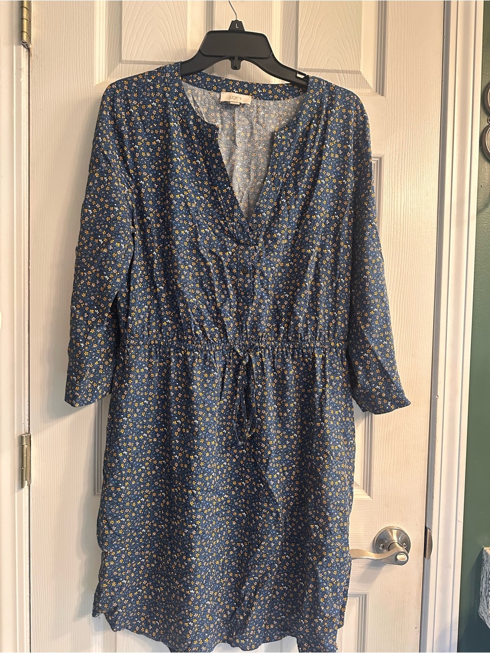 LOFT Blue Floral Midi Dress with Drawstring Waist